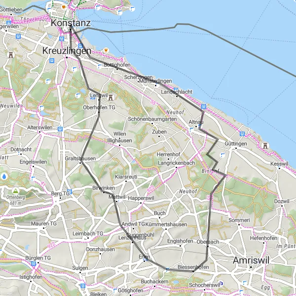 Map miniature of "Lake Constance Coastal Ride" cycling inspiration in Ostschweiz, Switzerland. Generated by Tarmacs.app cycling route planner