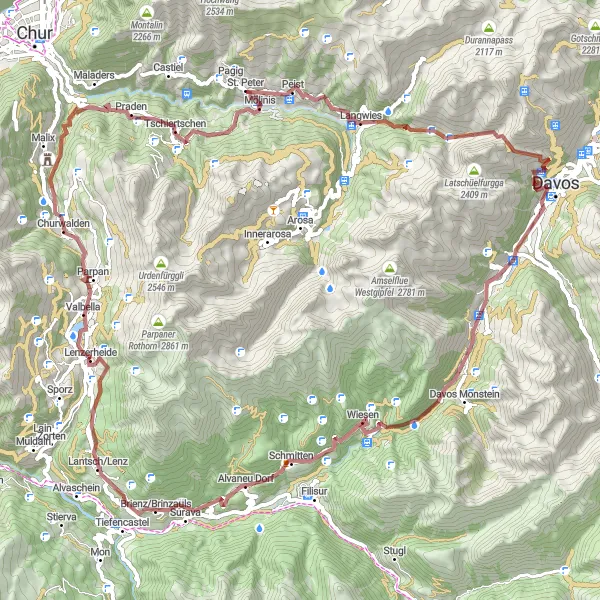 Mapa miniatúra "Gravel trasa cez Strelapass a Wiesen" cyklistická inšpirácia v Ostschweiz, Switzerland. Vygenerované cyklistickým plánovačom trás Tarmacs.app