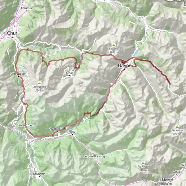 Kartminiatyr av "Grusvei eventyr i Lenzerheide" sykkelinspirasjon i Ostschweiz, Switzerland. Generert av Tarmacs.app sykkelrutoplanlegger
