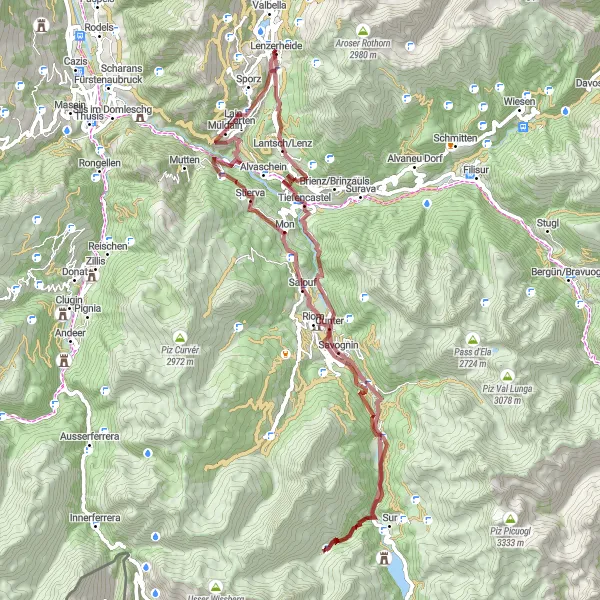 Miniatua del mapa de inspiración ciclista "Ruta de Grava Lenzerheide-Tiefencastel-Tgarnet-Tinizong-Motta Vallac-Lain" en Ostschweiz, Switzerland. Generado por Tarmacs.app planificador de rutas ciclistas