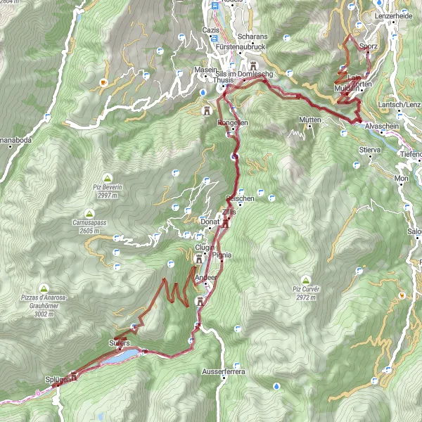 Miniaturekort af cykelinspirationen "Andeer Udforskningen" i Ostschweiz, Switzerland. Genereret af Tarmacs.app cykelruteplanlægger
