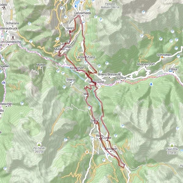 Mapa miniatúra "Gravel okruh cez Lain a Motta Vallac" cyklistická inšpirácia v Ostschweiz, Switzerland. Vygenerované cyklistickým plánovačom trás Tarmacs.app