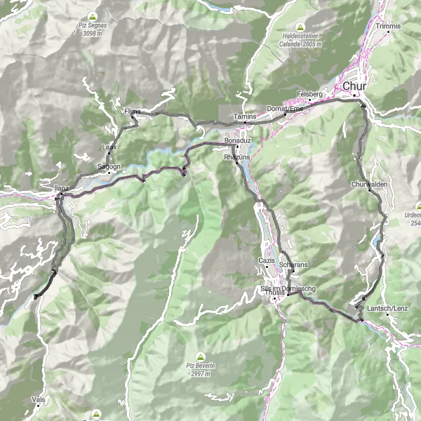 Kartminiatyr av "Spännande cykeltur från Lenzerheide via Sils im Domleschg, Laax och Schlössli Parpan" cykelinspiration i Ostschweiz, Switzerland. Genererad av Tarmacs.app cykelruttplanerare