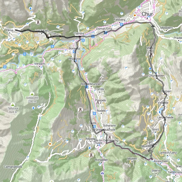 Mapa miniatúra "Trasa cez Rhäzüns a Domat/Ems" cyklistická inšpirácia v Ostschweiz, Switzerland. Vygenerované cyklistickým plánovačom trás Tarmacs.app