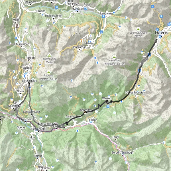 Miniatura della mappa di ispirazione al ciclismo "Ciclismo panoramico da Lenzerheide attraverso Alvaneu Dorf, Frauenkirch, Wiesen e Surava" nella regione di Ostschweiz, Switzerland. Generata da Tarmacs.app, pianificatore di rotte ciclistiche