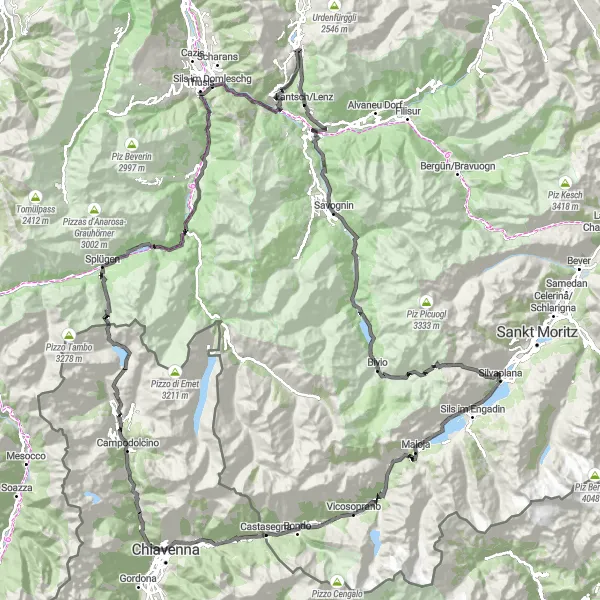 Miniatura della mappa di ispirazione al ciclismo "Tour Stradale Epico da Tiefencastel a Splügen Pass" nella regione di Ostschweiz, Switzerland. Generata da Tarmacs.app, pianificatore di rotte ciclistiche