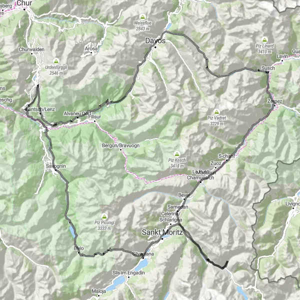 Miniatua del mapa de inspiración ciclista "Ruta de 195 km en carretera desde Lenzerheide" en Ostschweiz, Switzerland. Generado por Tarmacs.app planificador de rutas ciclistas