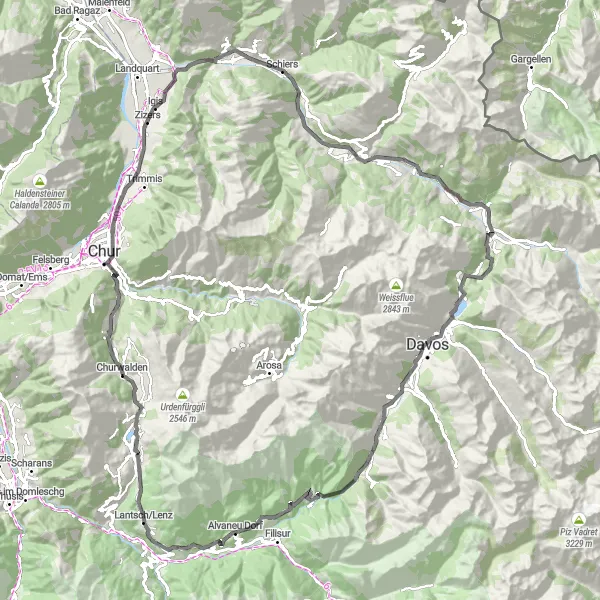 Kartminiatyr av "Landsvägsäventyr runt Lenzerheide" cykelinspiration i Ostschweiz, Switzerland. Genererad av Tarmacs.app cykelruttplanerare