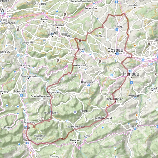 Miniaturní mapa "Gravelová stezka k Burgstelle Gielen-Glattburg" inspirace pro cyklisty v oblasti Ostschweiz, Switzerland. Vytvořeno pomocí plánovače tras Tarmacs.app