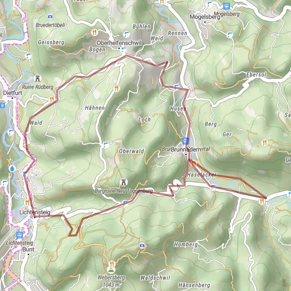 Miniatura della mappa di ispirazione al ciclismo "Giro in bicicletta a Lichtensteig sulla strada sterrata" nella regione di Ostschweiz, Switzerland. Generata da Tarmacs.app, pianificatore di rotte ciclistiche
