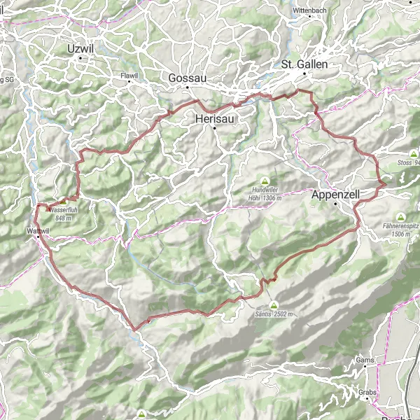 Miniatura della mappa di ispirazione al ciclismo "Tour in bicicletta gravel con viste spettacolari" nella regione di Ostschweiz, Switzerland. Generata da Tarmacs.app, pianificatore di rotte ciclistiche