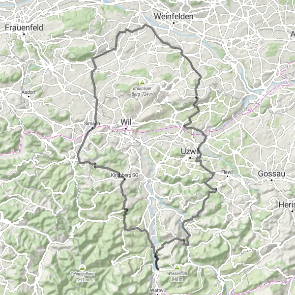 Zemljevid v pomanjšavi "Zeleno pokrajino obdaja gorovje" kolesarske inspiracije v Ostschweiz, Switzerland. Generirano z načrtovalcem kolesarskih poti Tarmacs.app