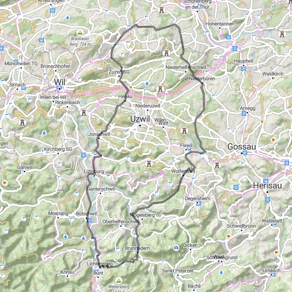 Miniatua del mapa de inspiración ciclista "Recorrido escénico por pueblos cercanos a Lichtensteig" en Ostschweiz, Switzerland. Generado por Tarmacs.app planificador de rutas ciclistas