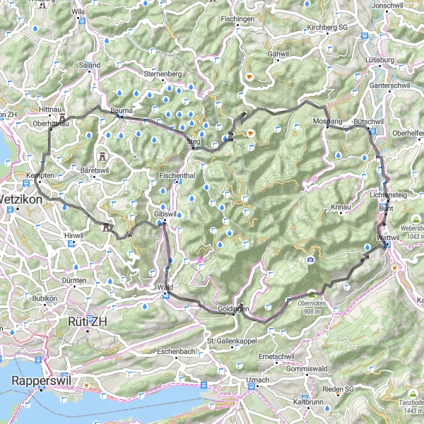 Miniatura della mappa di ispirazione al ciclismo "Tour ciclistico verso Lichtensteig" nella regione di Ostschweiz, Switzerland. Generata da Tarmacs.app, pianificatore di rotte ciclistiche