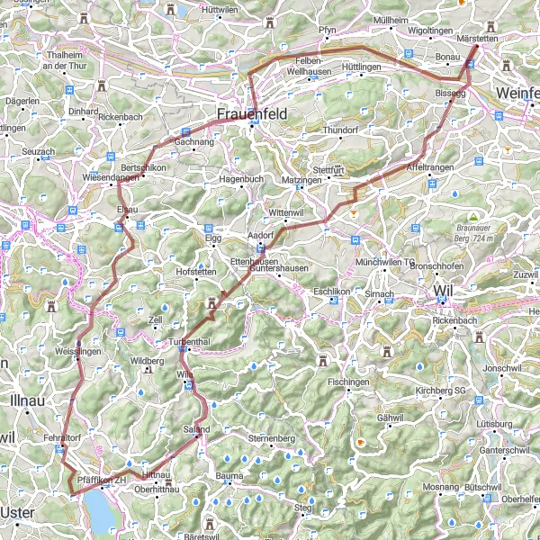 Miniatua del mapa de inspiración ciclista "Desafiante ruta de grava a través de Industriestrasse, Hittnau y Amlikon" en Ostschweiz, Switzerland. Generado por Tarmacs.app planificador de rutas ciclistas