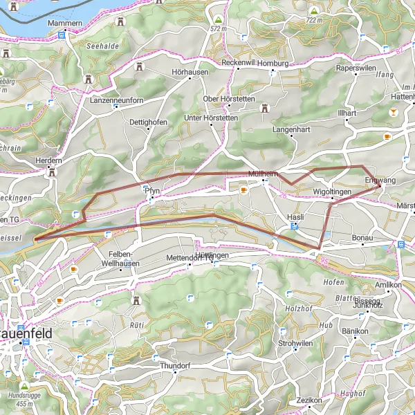 Miniatua del mapa de inspiración ciclista "Breve ruta de grava a través de Wigoltingen y Müllheim" en Ostschweiz, Switzerland. Generado por Tarmacs.app planificador de rutas ciclistas