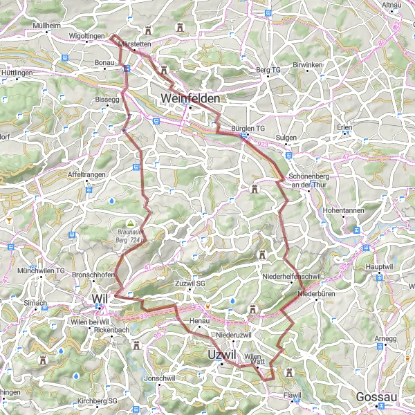 Miniatua del mapa de inspiración ciclista "Ruta por Bosques y Colinas" en Ostschweiz, Switzerland. Generado por Tarmacs.app planificador de rutas ciclistas