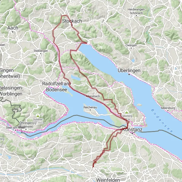Map miniature of "Tägerwilen Gravel Loop" cycling inspiration in Ostschweiz, Switzerland. Generated by Tarmacs.app cycling route planner