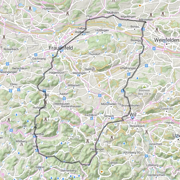 Miniatua del mapa de inspiración ciclista "Ruta en carretera a través de Märstetten, Frauenfeld y Müllheim" en Ostschweiz, Switzerland. Generado por Tarmacs.app planificador de rutas ciclistas