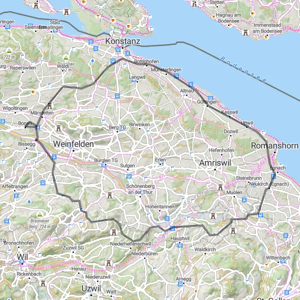 Map miniature of "Kreuzlingen Road Loop" cycling inspiration in Ostschweiz, Switzerland. Generated by Tarmacs.app cycling route planner