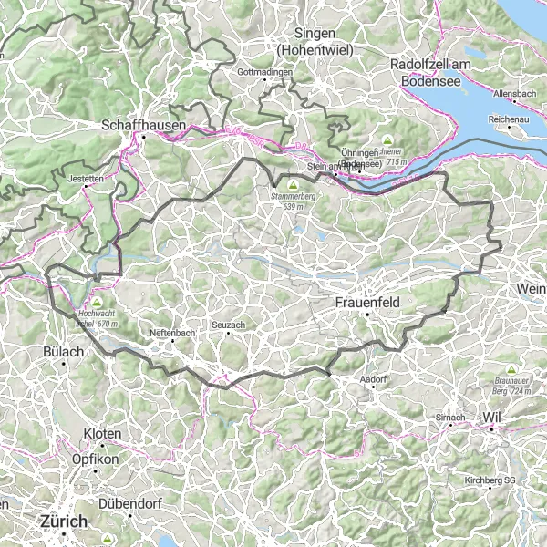 Karttaminiaatyyri "Märstetten-Dorf - Eglisau - Märstetten-Dorf" pyöräilyinspiraatiosta alueella Ostschweiz, Switzerland. Luotu Tarmacs.app pyöräilyreittisuunnittelijalla