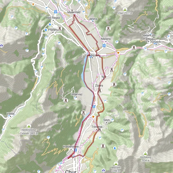 Miniaturekort af cykelinspirationen "Grusvej cykelrute gennem Maienfeld" i Ostschweiz, Switzerland. Genereret af Tarmacs.app cykelruteplanlægger