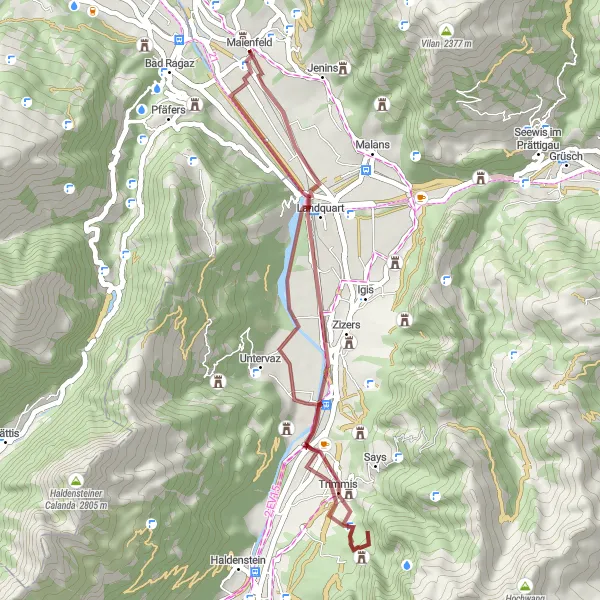 Map miniature of "Rays of Graubünden" cycling inspiration in Ostschweiz, Switzerland. Generated by Tarmacs.app cycling route planner