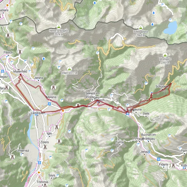 Map miniature of "Scenic Gravel Tour through Malans and Schiers" cycling inspiration in Ostschweiz, Switzerland. Generated by Tarmacs.app cycling route planner