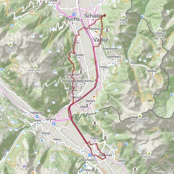 Karttaminiaatyyri "Graavelipyöräilyreitti Maienfeldin lähellä" pyöräilyinspiraatiosta alueella Ostschweiz, Switzerland. Luotu Tarmacs.app pyöräilyreittisuunnittelijalla