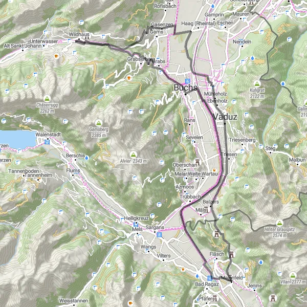 Map miniature of "Scenic Road Tour to Werdenberg Castle" cycling inspiration in Ostschweiz, Switzerland. Generated by Tarmacs.app cycling route planner