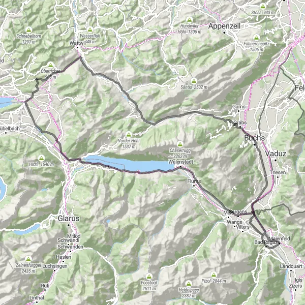 Miniature de la carte de l'inspiration cycliste "Aventure entre lacs et montagnes" dans la Ostschweiz, Switzerland. Générée par le planificateur d'itinéraire cycliste Tarmacs.app
