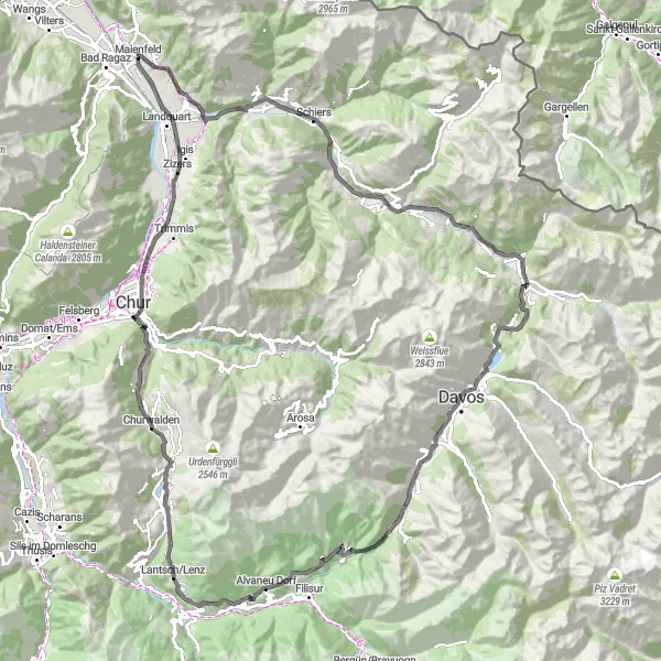 Zemljevid v pomanjšavi "Cestno kolesarjenje skozi Lenzerheide" kolesarske inspiracije v Ostschweiz, Switzerland. Generirano z načrtovalcem kolesarskih poti Tarmacs.app