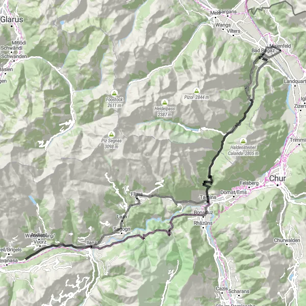 Map miniature of "Epic Road Cycling Challenge through Laax and Kunkelspass" cycling inspiration in Ostschweiz, Switzerland. Generated by Tarmacs.app cycling route planner