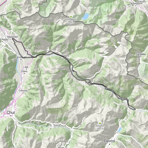 Map miniature of "Scenic Road Tour to Klosters Dorf" cycling inspiration in Ostschweiz, Switzerland. Generated by Tarmacs.app cycling route planner