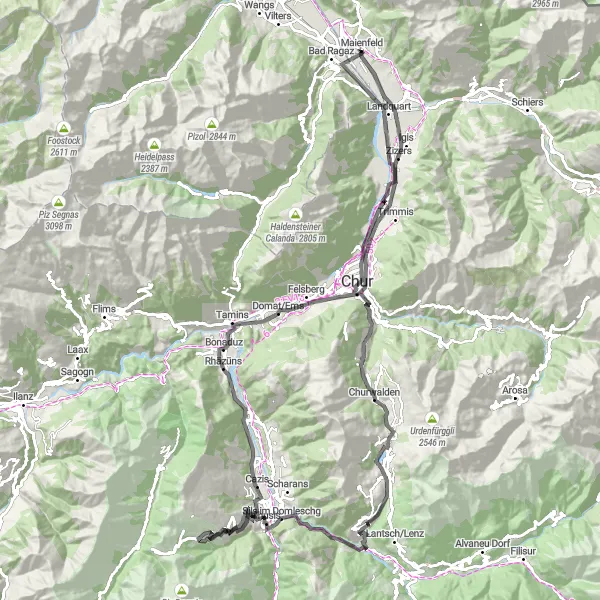 Map miniature of "Maienfeld to Landquart Loop" cycling inspiration in Ostschweiz, Switzerland. Generated by Tarmacs.app cycling route planner