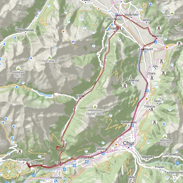 Map miniature of "Malans to Bad Ragaz Gravel Route" cycling inspiration in Ostschweiz, Switzerland. Generated by Tarmacs.app cycling route planner