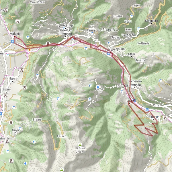 Miniatura della mappa di ispirazione al ciclismo "Percorso in Gravel da Malans a Burgruine Fracstein" nella regione di Ostschweiz, Switzerland. Generata da Tarmacs.app, pianificatore di rotte ciclistiche