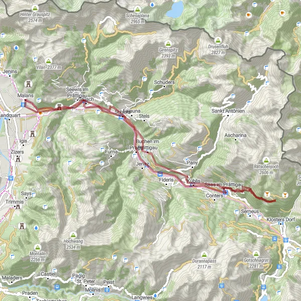 Miniatura della mappa di ispirazione al ciclismo "Giro in bicicletta in Gravel da Malans a Luzein" nella regione di Ostschweiz, Switzerland. Generata da Tarmacs.app, pianificatore di rotte ciclistiche