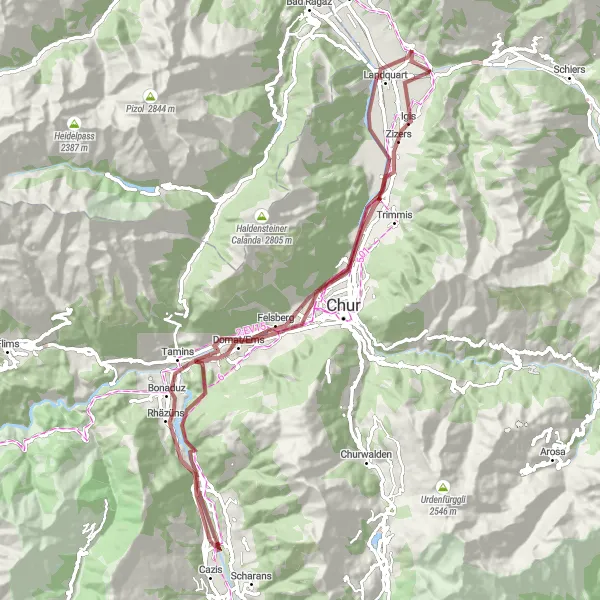 Map miniature of "Haldenstein and the Rhine Gorge" cycling inspiration in Ostschweiz, Switzerland. Generated by Tarmacs.app cycling route planner