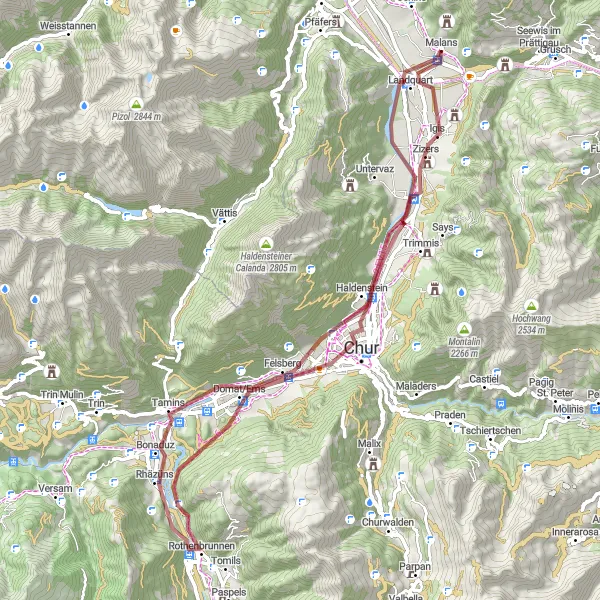 Map miniature of "Landquart and the Alpine Foothills" cycling inspiration in Ostschweiz, Switzerland. Generated by Tarmacs.app cycling route planner