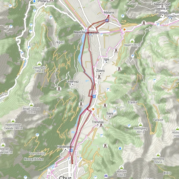 Miniatura della mappa di ispirazione al ciclismo "Giri in bicicletta intorno a Malans" nella regione di Ostschweiz, Switzerland. Generata da Tarmacs.app, pianificatore di rotte ciclistiche