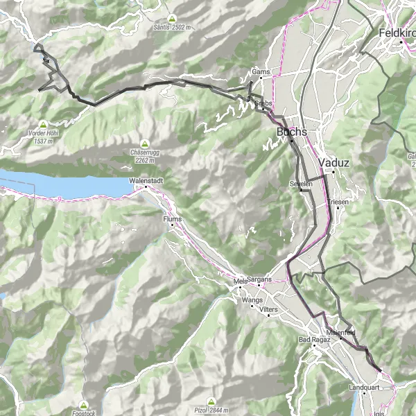 Miniatura della mappa di ispirazione al ciclismo "Tour in bicicletta su strada da Malans a Schloss Bothmar" nella regione di Ostschweiz, Switzerland. Generata da Tarmacs.app, pianificatore di rotte ciclistiche