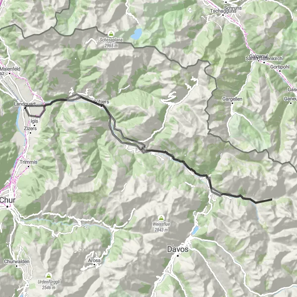 Kartminiatyr av "Fjellutsikt og naturopplevelser rundt Malans" sykkelinspirasjon i Ostschweiz, Switzerland. Generert av Tarmacs.app sykkelrutoplanlegger