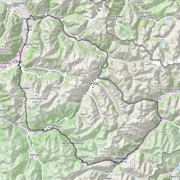 Kartminiatyr av "Utmanande vägcykling till Flüelapass och Zuoz" cykelinspiration i Ostschweiz, Switzerland. Genererad av Tarmacs.app cykelruttplanerare