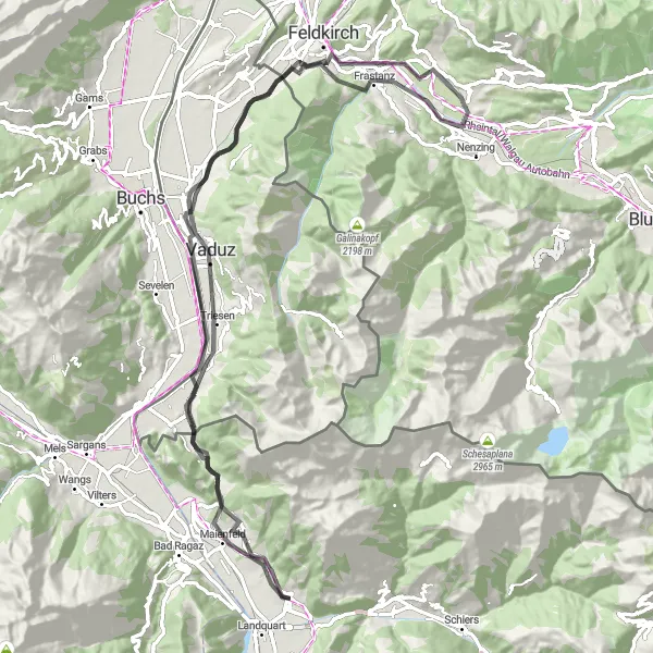 Miniature de la carte de l'inspiration cycliste "La Route de Maienfeld" dans la Ostschweiz, Switzerland. Générée par le planificateur d'itinéraire cycliste Tarmacs.app