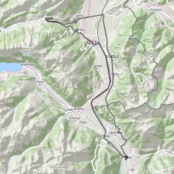 Kartminiatyr av "Liechtensteiner Abenteuer" cykelinspiration i Ostschweiz, Switzerland. Genererad av Tarmacs.app cykelruttplanerare