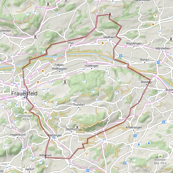 Mapa miniatúra "Gravelový okruh cez Müllheim a Lommis" cyklistická inšpirácia v Ostschweiz, Switzerland. Vygenerované cyklistickým plánovačom trás Tarmacs.app