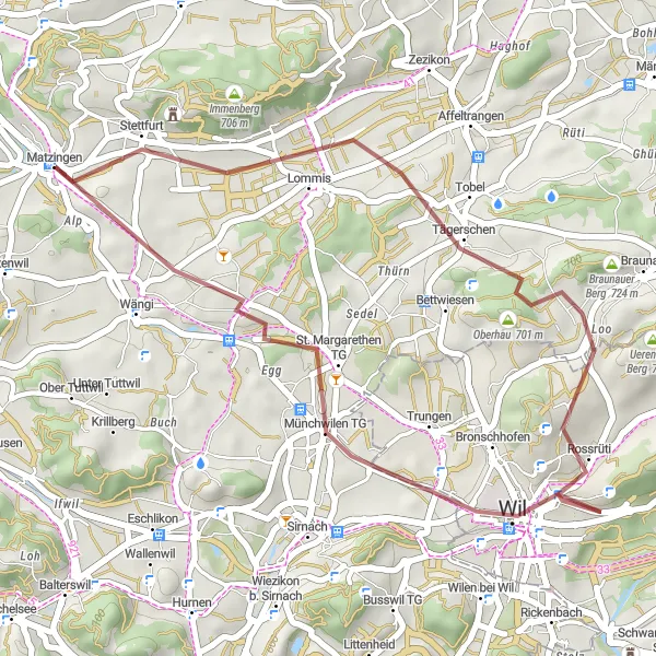 Miniatua del mapa de inspiración ciclista "Ruta de Ciclismo de Grava Matzingen" en Ostschweiz, Switzerland. Generado por Tarmacs.app planificador de rutas ciclistas
