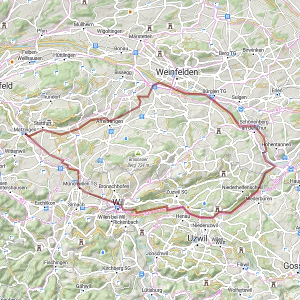 Zemljevid v pomanjšavi "Ruralna pot proti Münchwilen TG" kolesarske inspiracije v Ostschweiz, Switzerland. Generirano z načrtovalcem kolesarskih poti Tarmacs.app