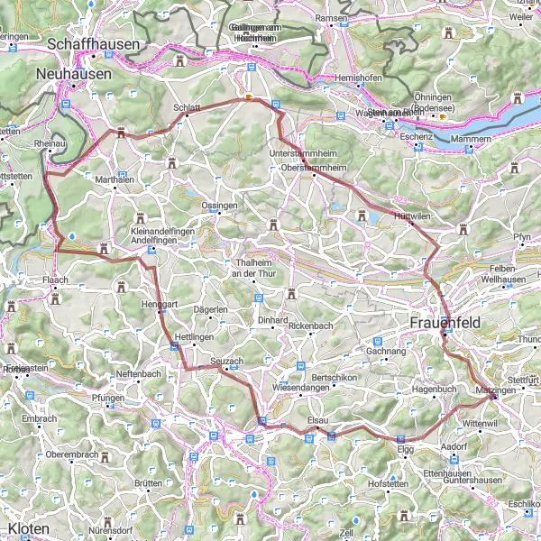 Map miniature of "Elgg and Benken ZH Gravel Ride" cycling inspiration in Ostschweiz, Switzerland. Generated by Tarmacs.app cycling route planner